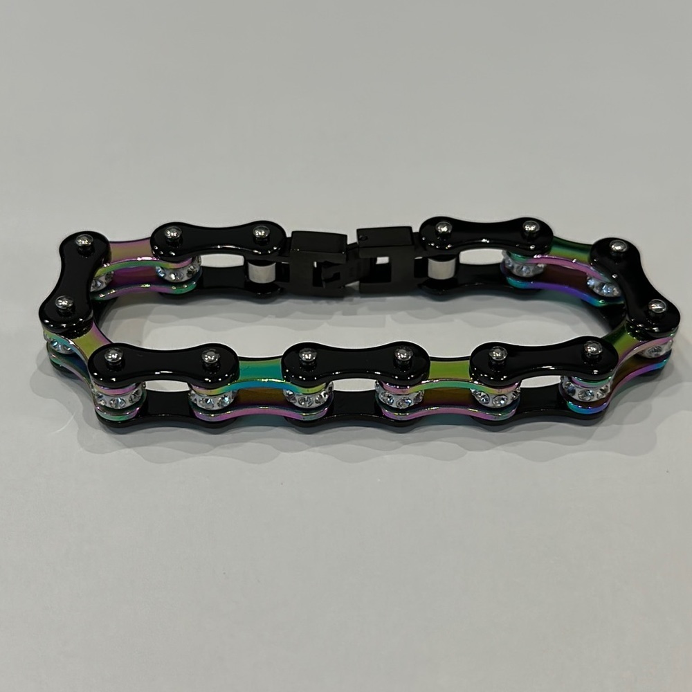 Black and Rainbow Bike Chain Bracelet with Clear Stones